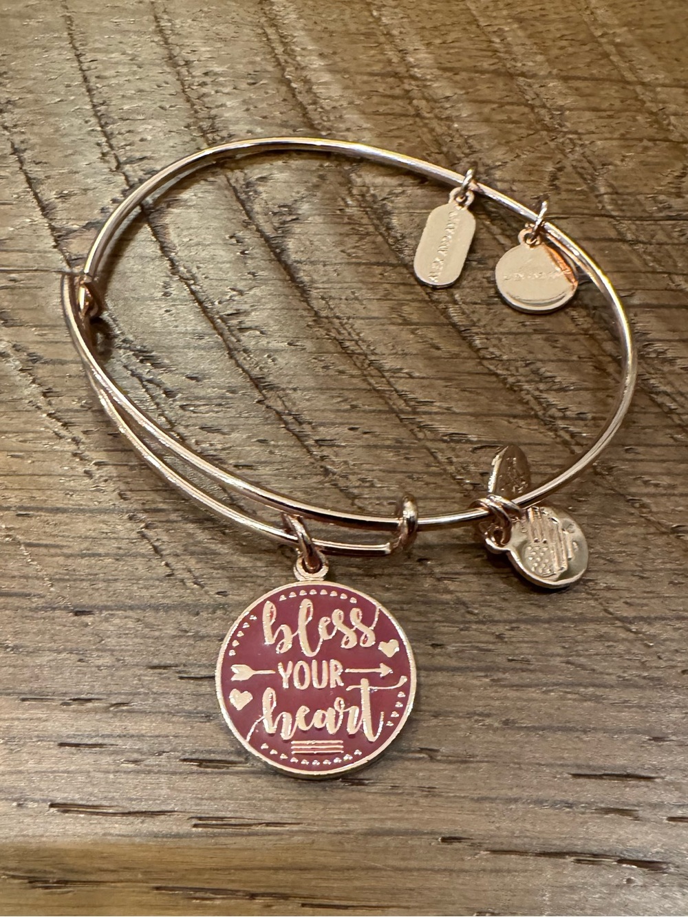 Alex and Ani Rose Gold Bracelet with Pink 'Bless Your Heart' Charm